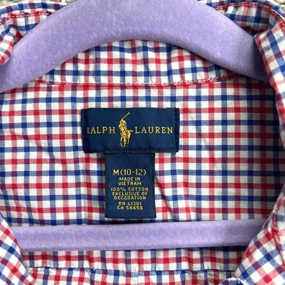 Ralph Lauren Shirt Boys M 10-12 Cotton Red, Blue & White Plaid Long Sleeve Butto
